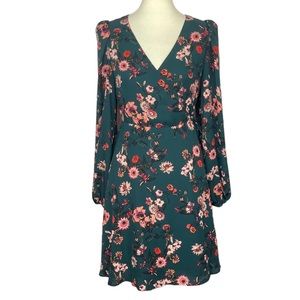 Chelsea28 Dress Womens Medium Green Pink Floral Wrap Long Sleeves V-Neck Lined